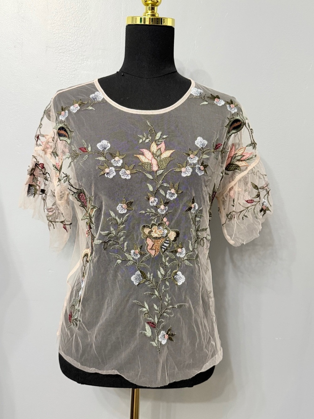 #17) Dalia Sheer Embroidered Floral Mesh Top - Blush & Green Accents